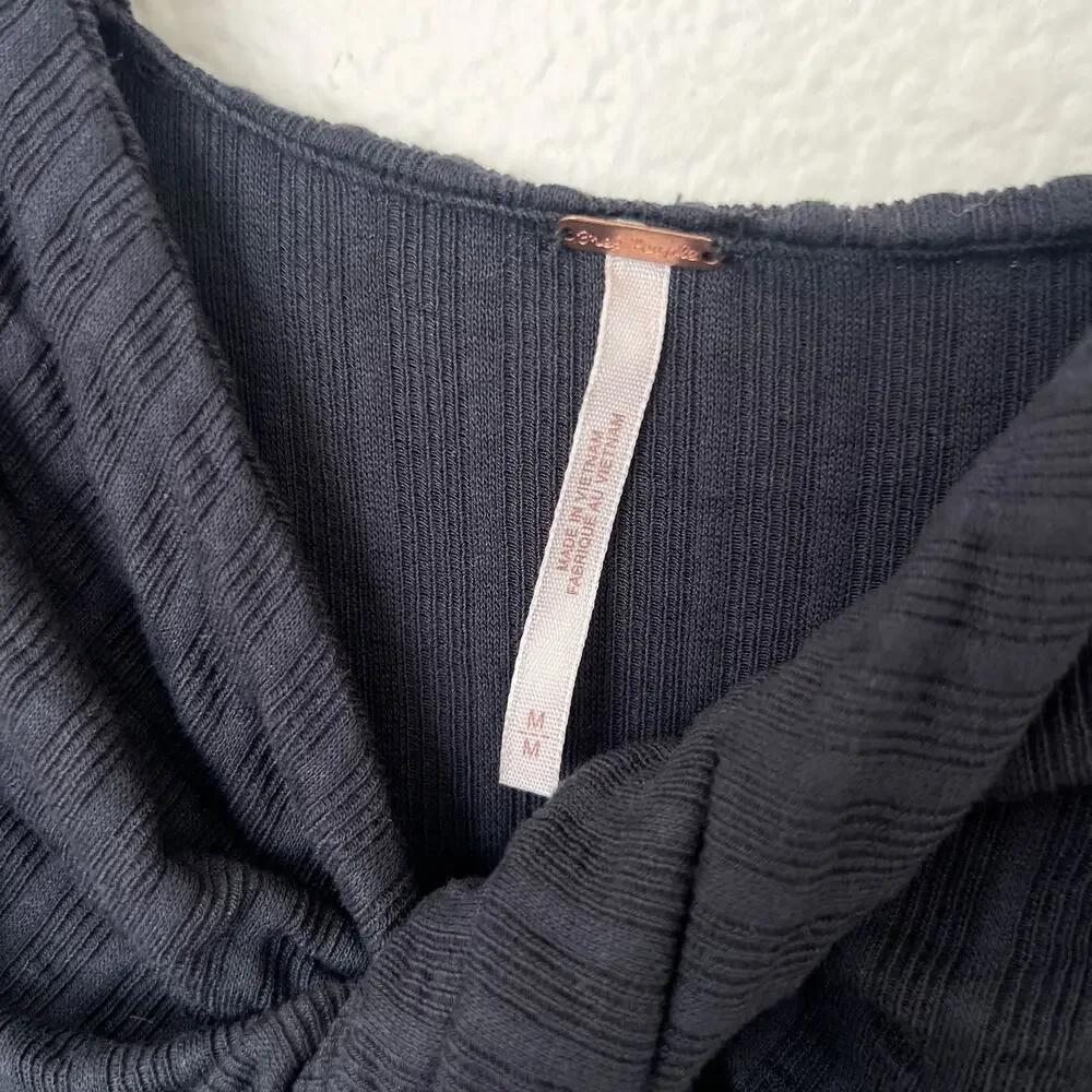 [Free People] Navy Blue Twisted Bust Open Front Slit Long Sleeve Top Sz Medium M